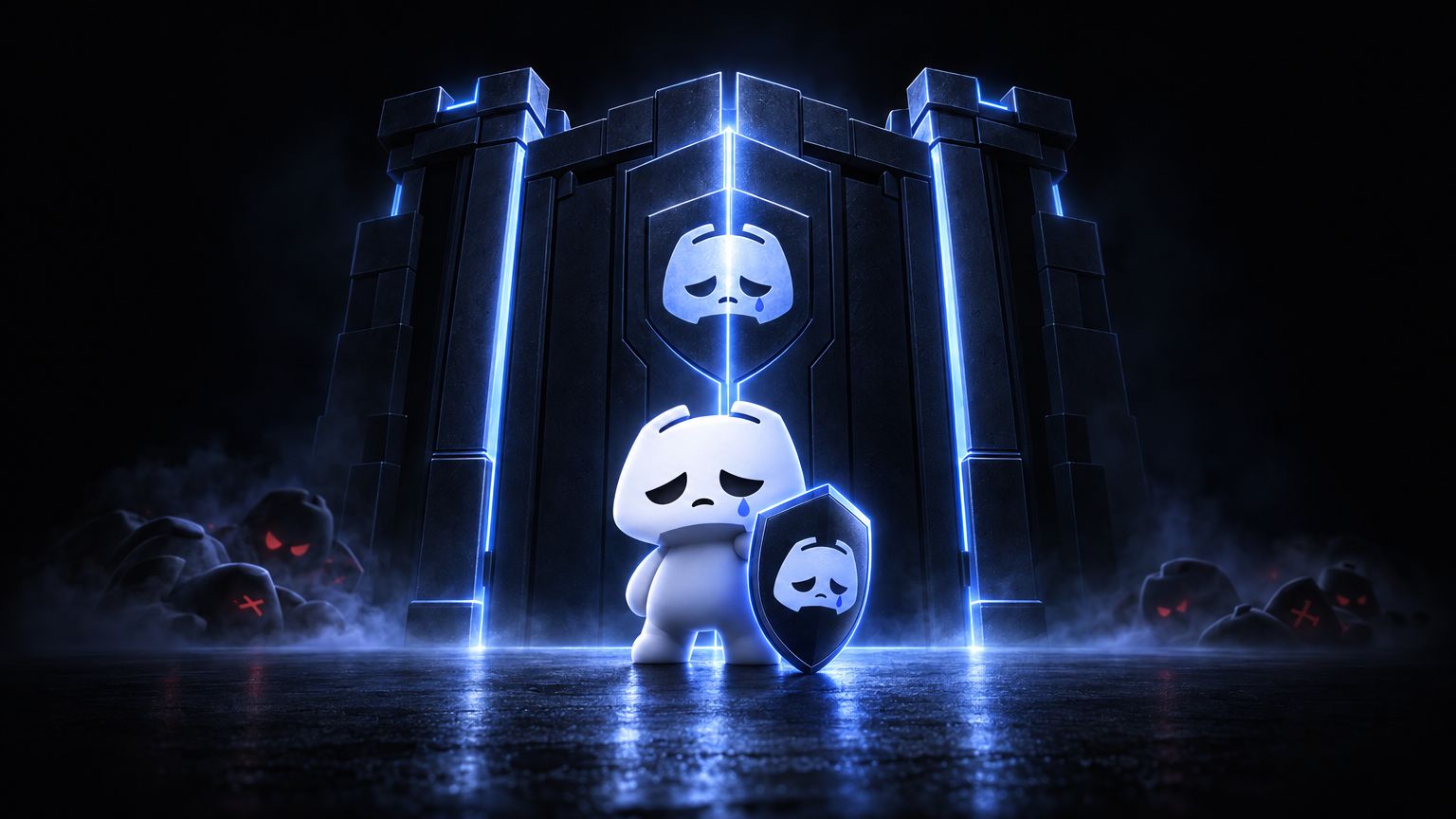 The crying mascot stands calm with its shield in front of a gate that is shut and locked, raiders fading into the dark.