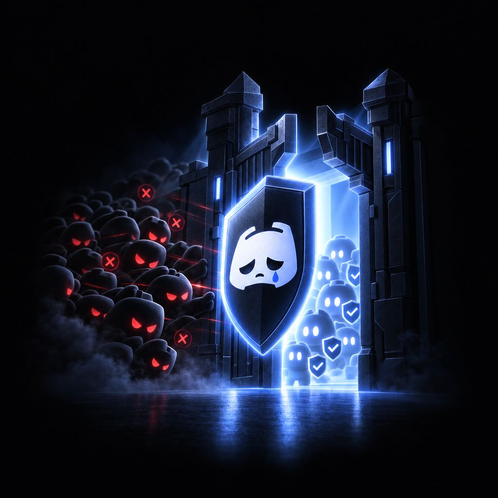 A glowing shield with a crying face holds a castle gate against a crowd of red-eyed raiders while verified members wait safe in the light.