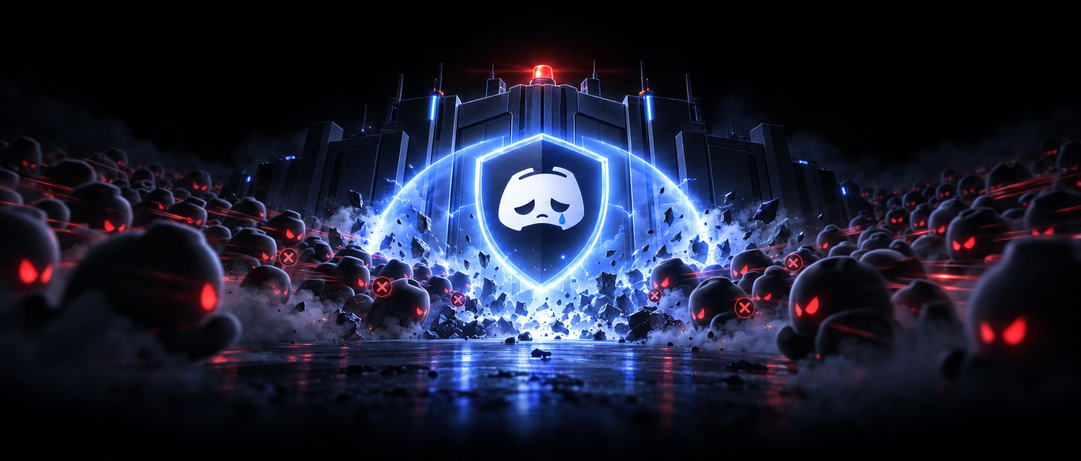 A horde of red-eyed raiders crashes into a gate that just slammed shut behind a blazing shield, an alarm light glowing on top.